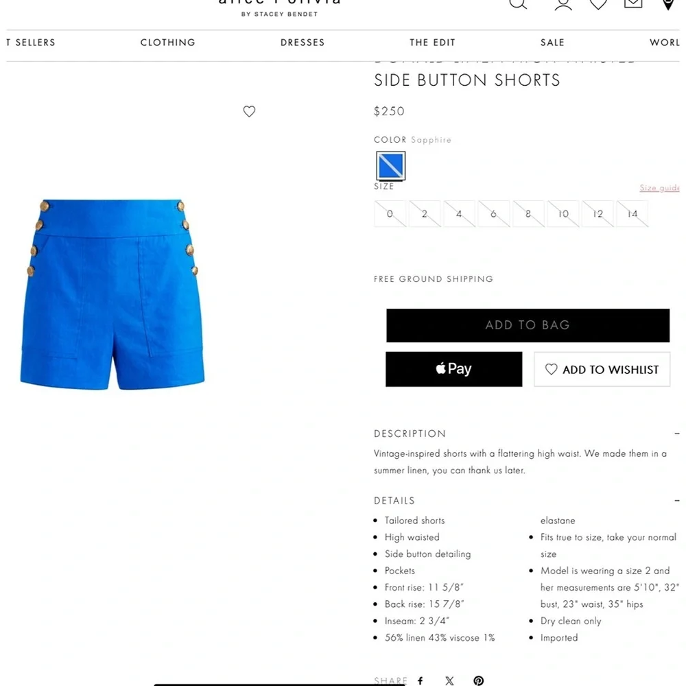 Alice + Olivia Donald Linen High Waisted Blue Sailor Shorts